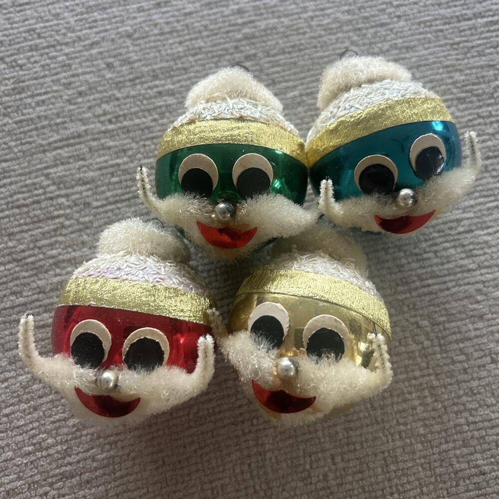 Vtg LOT of 4 Santa Claus / Elf W/ Mustache Round Ball Xmas Ornaments